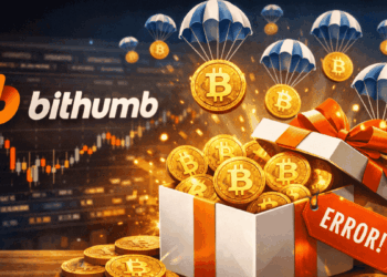 Monedas físicas de bitcoin saliendo de un regalo junto al logo del exchange Bithumb