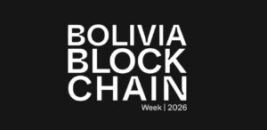 Logo Bolivia Blockchain Week 2026, evento criptomonedas y blockchain en Bolivia, conferencia Web3 febrero 2026 en fodo negro con letras blancas