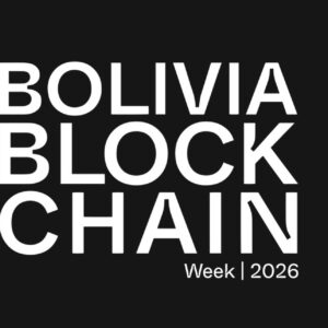 Logo Bolivia Blockchain Week 2026, evento criptomonedas y blockchain en Bolivia, conferencia Web3 febrero 2026 en fodo negro con letras blancas