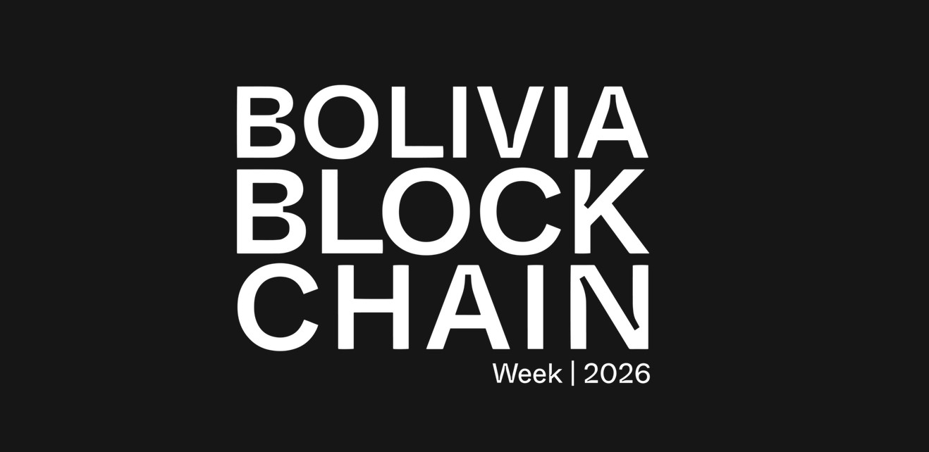 Logo Bolivia Blockchain Week 2026, evento criptomonedas y blockchain en Bolivia, conferencia Web3 febrero 2026 en fodo negro con letras blancas