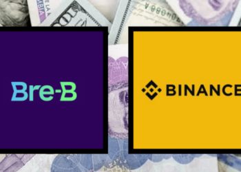 Logos de Bre B y Binance sobre un fondo de billetes colombianos