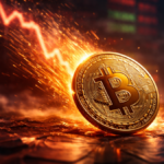 Moneda de bitcoin cayendo y un rayo en el fondo.