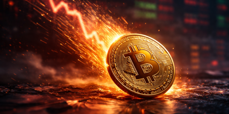 Moneda de bitcoin cayendo y un rayo en el fondo.