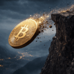 Moneda física de bitcoin cae por un precipicio.