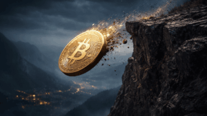 Moneda física de bitcoin cae por un precipicio.