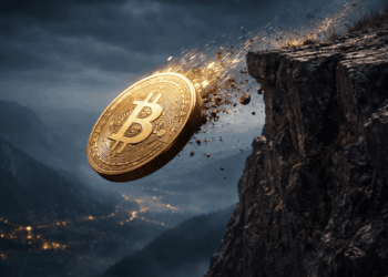 Moneda física de bitcoin cae por un precipicio.