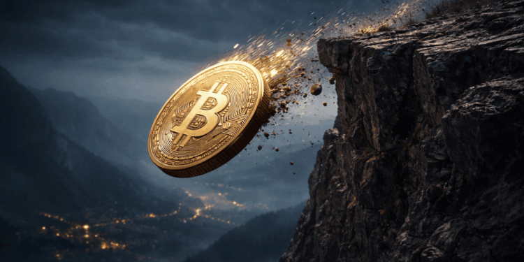 Moneda física de bitcoin cae por un precipicio.