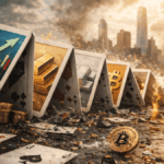 Naipes gigantes tipo dominó caen en cadena en una calle financiera en ruinas, y cada carta simboliza un activo (acciones, oro, plata y bitcoin) mientras chispas y humo envuelven el skyline al atardecer.