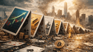 Naipes gigantes tipo dominó caen en cadena en una calle financiera en ruinas, y cada carta simboliza un activo (acciones, oro, plata y bitcoin) mientras chispas y humo envuelven el skyline al atardecer.