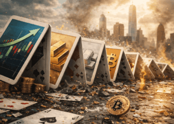 Naipes gigantes tipo dominó caen en cadena en una calle financiera en ruinas, y cada carta simboliza un activo (acciones, oro, plata y bitcoin) mientras chispas y humo envuelven el skyline al atardecer.