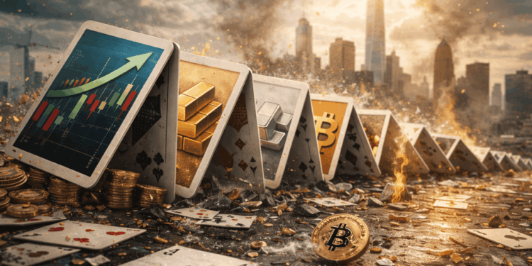 Naipes gigantes tipo dominó caen en cadena en una calle financiera en ruinas, y cada carta simboliza un activo (acciones, oro, plata y bitcoin) mientras chispas y humo envuelven el skyline al atardecer.