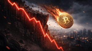 Moneda de bitcoin cae por un precipicio.