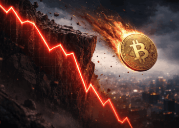 Moneda de bitcoin cae por un precipicio.