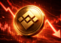 Una moneda física de BNB junto a gráficos de precios rojos.