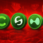 Monedas físicas de Canton, Stable y Hyperliquid rodeadas de monedas y gráficos de precios rojos.