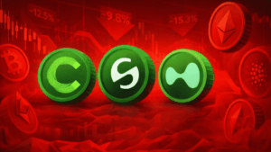 Monedas físicas de Canton, Stable y Hyperliquid rodeadas de monedas y gráficos de precios rojos.