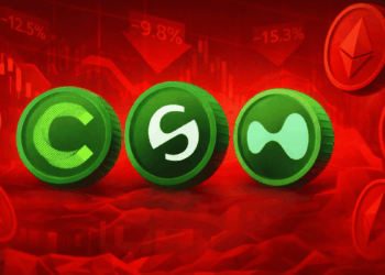 Monedas físicas de Canton, Stable y Hyperliquid rodeadas de monedas y gráficos de precios rojos.