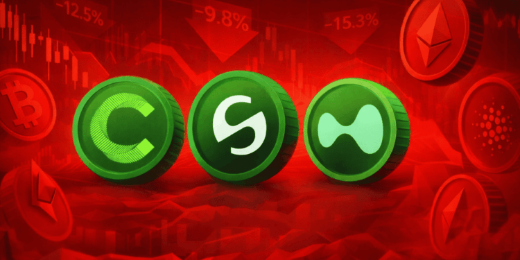 Monedas físicas de Canton, Stable y Hyperliquid rodeadas de monedas y gráficos de precios rojos.