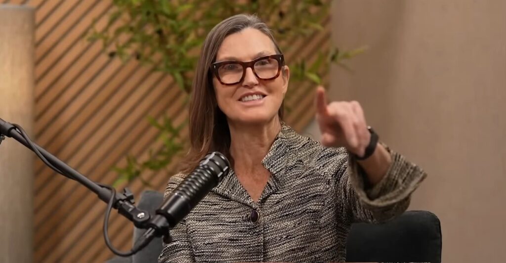 Foto de Cathie Wood en un podcast