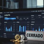 gráfico de criptomonedas, cartel que dice "cerrado", y de fondo plataforma de préstamos