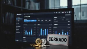 gráfico de criptomonedas, cartel que dice "cerrado", y de fondo plataforma de préstamos