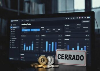 gráfico de criptomonedas, cartel que dice "cerrado", y de fondo plataforma de préstamos