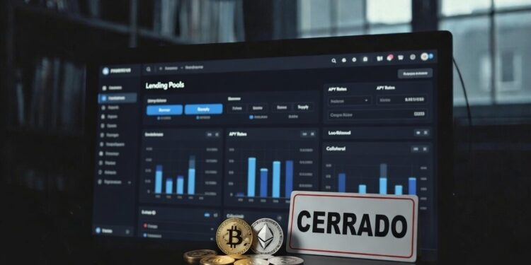 gráfico de criptomonedas, cartel que dice "cerrado", y de fondo plataforma de préstamos