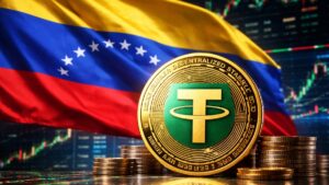 Moneda fรญsica de USDT con la bandera de Venezuela y grรกficas mixtas en el fondo.