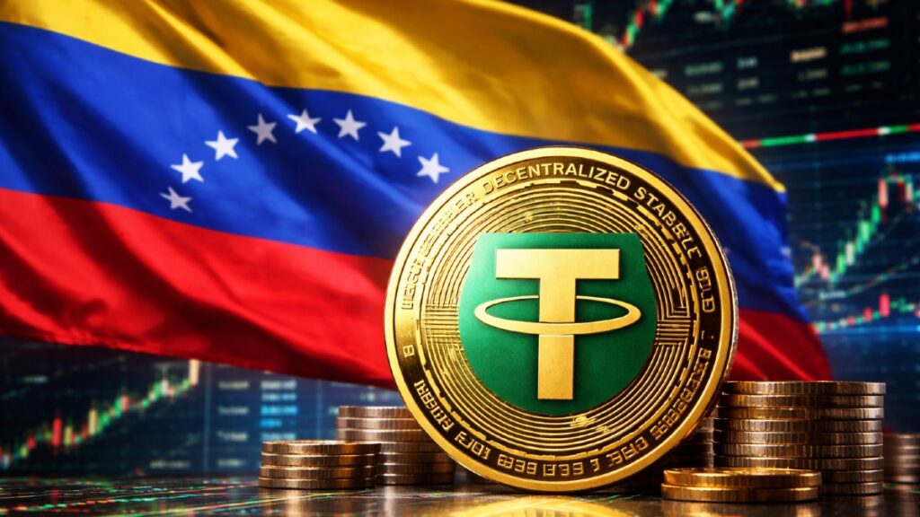 Moneda física de USDT con la bandera de Venezuela y gráficas mixtas en el fondo.