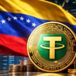 Moneda física de USDT con la bandera de Venezuela y gráficas mixtas en el fondo.