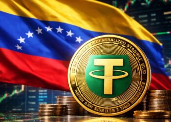 Moneda física de USDT con la bandera de Venezuela y gráficas mixtas en el fondo.