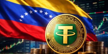 Moneda física de USDT con la bandera de Venezuela y gráficas mixtas en el fondo.