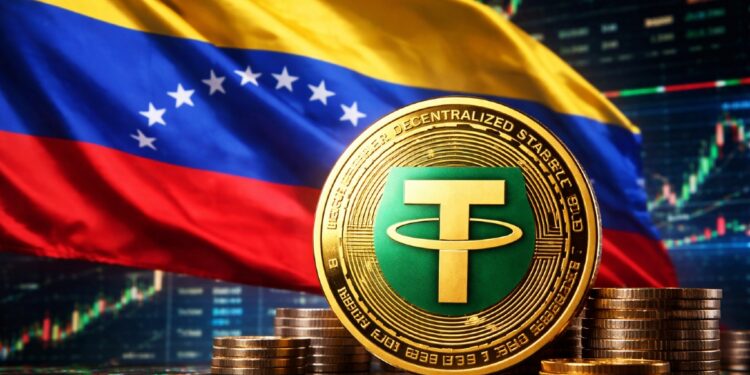 Moneda física de USDT con la bandera de Venezuela y gráficas mixtas en el fondo.