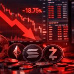 Monedas físicas de bitcoin, ethereum, solana y zcash en rojo, rodeadas de gráficos de precio