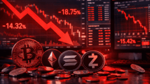 Monedas físicas de bitcoin, ethereum, solana y zcash en rojo, rodeadas de gráficos de precio