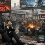 Un hipotético escenario futurista caótico. Con mercados desplomándose, desempleados y criptomonedas en auge.