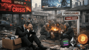 Un hipotético escenario futurista caótico. Con mercados desplomándose, desempleados y criptomonedas en auge.