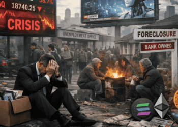 Un hipotético escenario futurista caótico. Con mercados desplomándose, desempleados y criptomonedas en auge.