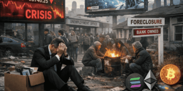 Un hipotético escenario futurista caótico. Con mercados desplomándose, desempleados y criptomonedas en auge.