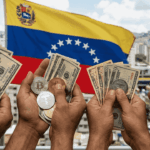 varias manos sosteniendo billetes de dólar norteamericano y monedas de bitcoin y USDT frente a una bandera de Venezuela.