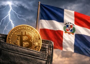 Moneda física de bitcoin dorada en una cartera y la bandera de República Dominicana y un rayo en el fondo.