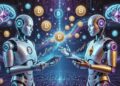 Dos robots comerciando entre sí con criptomonedas.