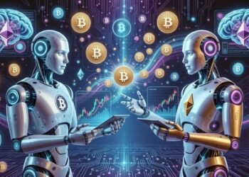 Dos robots comerciando entre sí con criptomonedas.