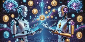 Dos robots comerciando entre sí con criptomonedas.