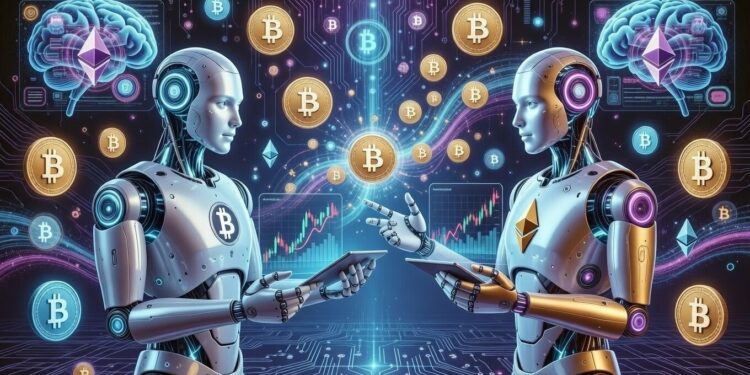 Dos robots comerciando entre sí con criptomonedas.