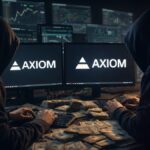 Traders encapuchados ganando dinero de información confidencial proveniente de unas computadoras que muestran el logo de Axiom.