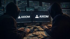 Traders encapuchados ganando dinero de información confidencial proveniente de unas computadoras que muestran el logo de Axiom.