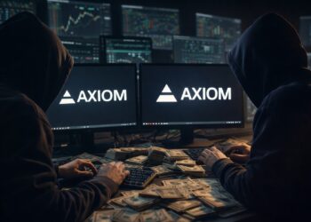 Traders encapuchados ganando dinero de información confidencial proveniente de unas computadoras que muestran el logo de Axiom.