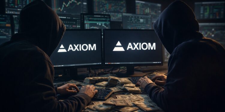 Traders encapuchados ganando dinero de informaciรณn confidencial proveniente de unas computadoras que muestran el logo de Axiom.