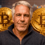 Jeffrey Epstein redeado de monedas de físicas de bitcoin.